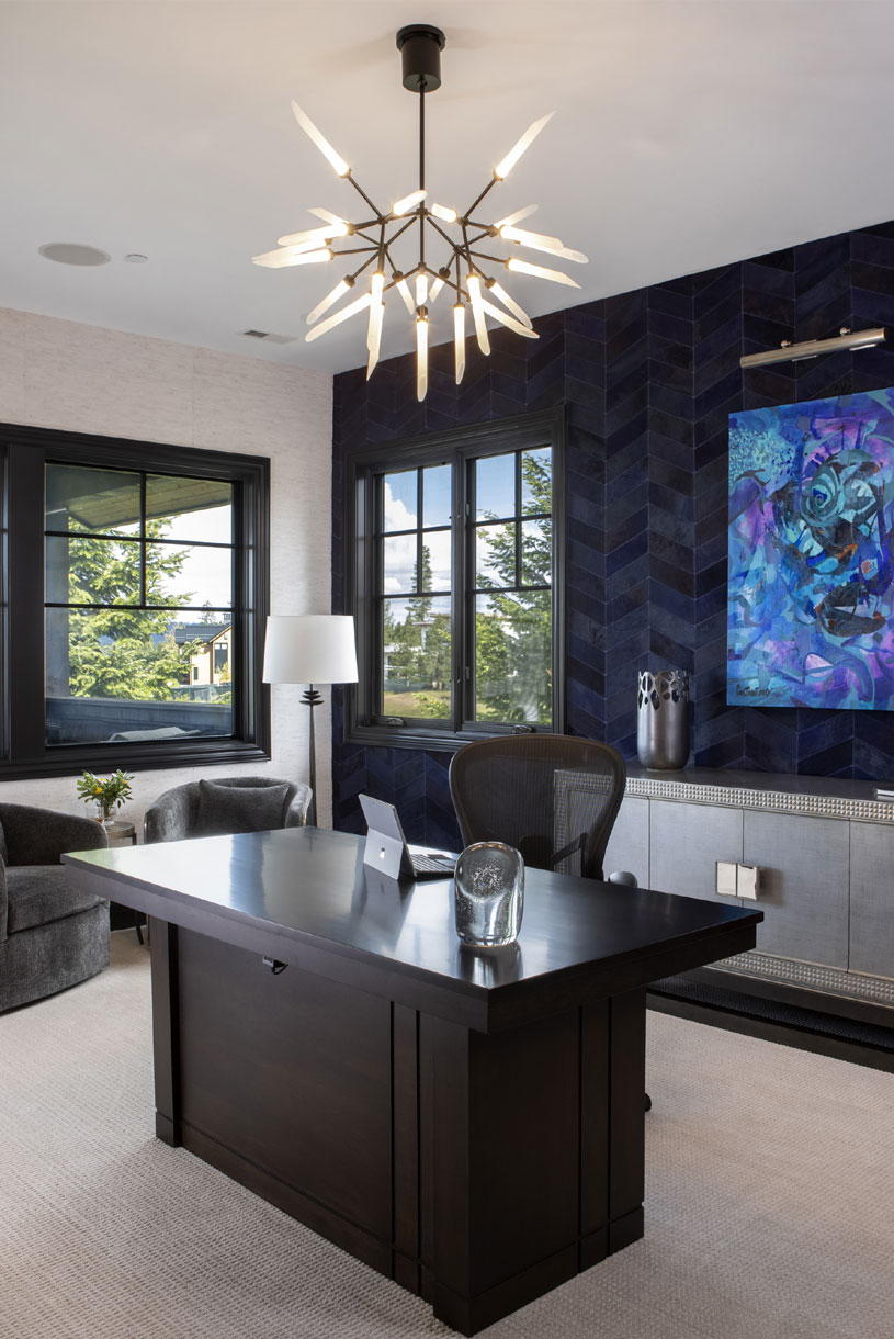 Interior Designers Near Me Coeur d'Alene, Idaho Upstairs Office/Lighting/Blue Artwork to Outside